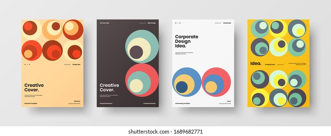 Business presentation vector A4 vertical orientation front page mock up set. Corporate report cover abstract geometric illustration design layout bundle. Company identity brochure template collection.