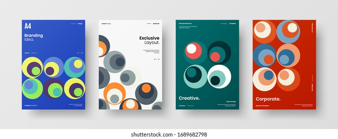 Business presentation vector A4 vertical orientation front page mock up set. Corporate report cover abstract geometric illustration design layout bundle. Company identity brochure template collection.