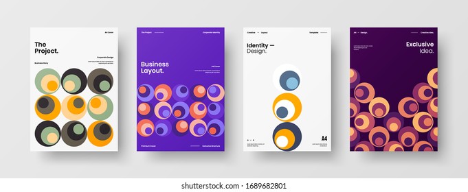 Business presentation vector A4 vertical orientation front page mock up set. Corporate report cover abstract geometric illustration design layout bundle. Company identity brochure template collection.
