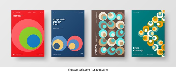Business presentation vector A4 vertical orientation front page mock up set. Corporate report cover abstract geometric illustration design layout bundle. Company identity brochure template collection.