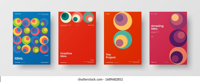 Business presentation vector A4 vertical orientation front page mock up set. Corporate report cover abstract geometric illustration design layout bundle. Company identity brochure template collection.