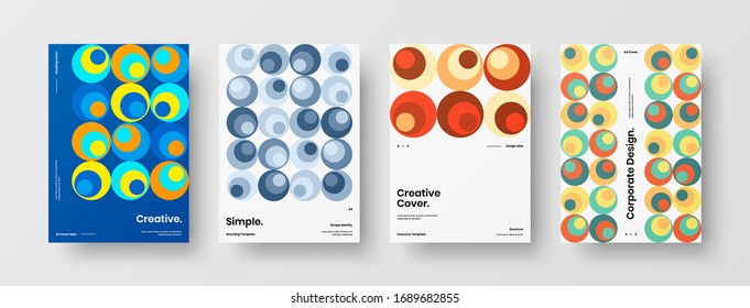 Business presentation vector A4 vertical orientation front page mock up set. Corporate report cover abstract geometric illustration design layout bundle. Company identity brochure template collection.