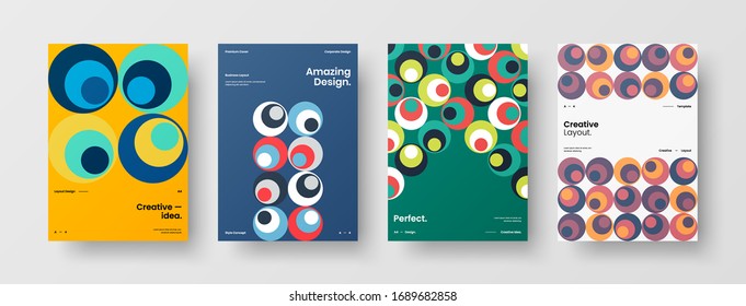 Business presentation vector A4 vertical orientation front page mock up set. Corporate report cover abstract geometric illustration design layout bundle. Company identity brochure template collection.