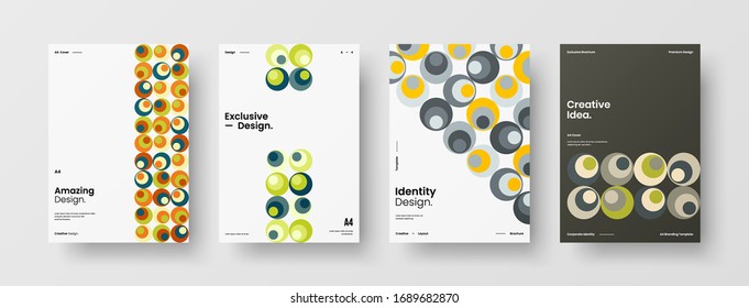 Business presentation vector A4 vertical orientation front page mock up set. Corporate report cover abstract geometric illustration design layout bundle. Company identity brochure template collection.