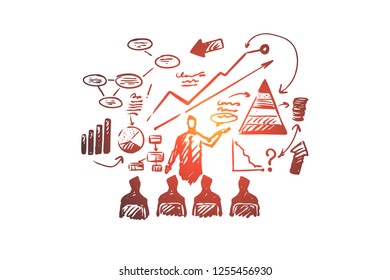 Business presentation vector concept. Businessman showing his presentation to audience. Hand drawn sketch isolated illustration