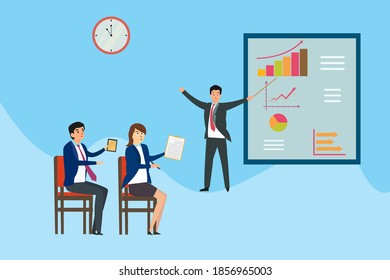 Business presentation vector concept: Businessman explaining business graph on the screen to his partner in the office