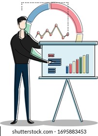 Business presentation vector concept with male figure doing business presentation, isolated in white background with business charts