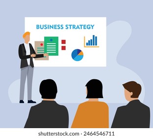 Business presentation vector concept with male figure doing business presentation 2d flat vector illustration