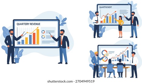 Vektorgrafik-Set für die Unternehmenspräsentation, blaue und schwarze Illustration für Datenanalyse, Finanzbericht, Teamarbeitsstrategie, Unternehmensplanung und Verwendung von Umsatzdiagrammen