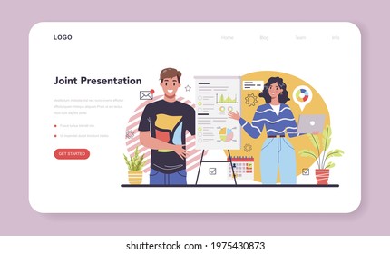 Business presentation web banner or landing page. Businesspeople in front of group of co-worker. Presenting business plan or report on a seminar. Pointing at the graph. Flat vector illustration