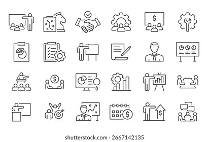 Ícones da Web de apresentação comercial em estilo de linha. Reunião, conferência, empresários, público, briefing, plano, coleção. Ilustração vetorial.