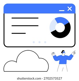 Business presentation window with lines and pie chart. Visible cloud icon and presenter gesturing towards data. Ideal for tech, analytics, cloud storage, presentations, infographics, business
