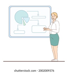 Business presentation, woman shows information on whiteboard - Vector illustration