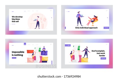 Business Presentation and Work with Documents Landing Page Template Set. Male Character Presenting to Woman Laptop with Data Statistics Charts, Office Docs Deadline. Cartoon People Vector Illustration