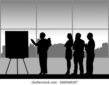 Business presentation at work in the office between business people, one in the series of similar images silhouette