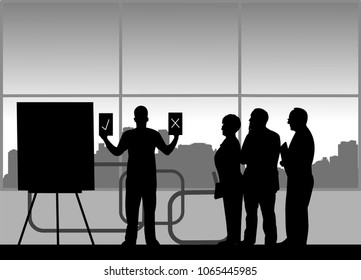 Business presentation at work in the office between business people, one in the series of similar images silhouette