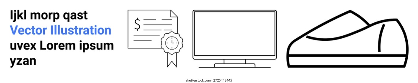 Business presentations, certification, e-commerce, product design, technology, training resources. Certificate with seal, computer monitor and shoe outline. Business presentations and certification