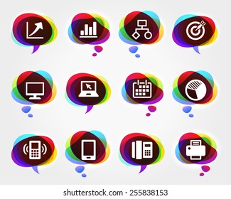 Business Presentations and Communication Technology on Colorful Speech Bubbles