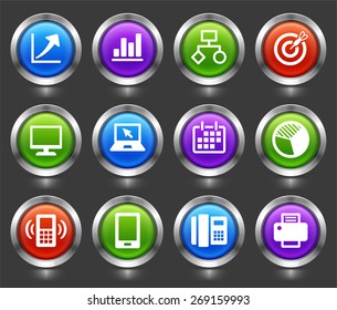 Business Presentations and Communication Technology on Color Round Buttons