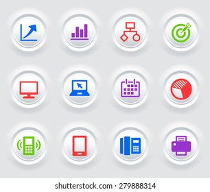Business Presentations and Communication Technology on White Bevel Round Buttons