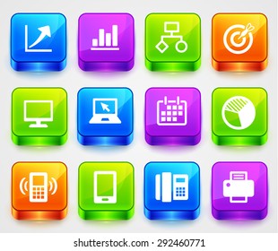 Business Presentations and Communication Technology on Color Square Buttons