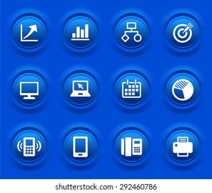 Business Presentations and Communication Technology on Blue Bevel Buttons
