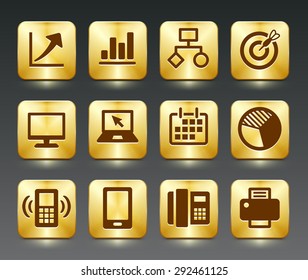 Business Presentations and Communication Technology on Gold Square Buttons