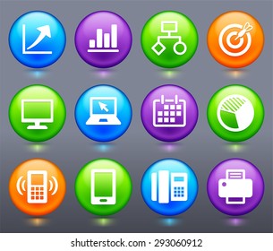 Business Presentations and Communication Technology on Colorful Round Buttons