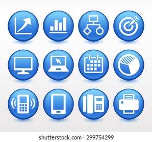 Business Presentations and Communication Technology on Blue Round Buttons