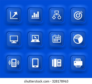 Business Presentations and Communication Technology on Blue Bevel Square Buttons