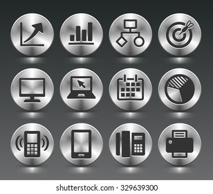 Business Presentations and Communication Technology on Silver Round Buttons
