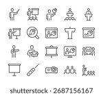 Business Presentations, icon set. Speaker, audience, charts, projector, slides, meeting, report, analysis, pitch, training, public speaking, data visualization, leadership. Line with editable stroke