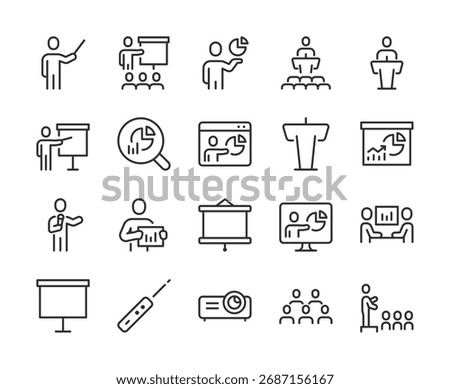 Business Presentations, icon set. Speaker, audience, charts, projector, slides, meeting, report, analysis, pitch, training, public speaking, data visualization, leadership. Line with editable stroke