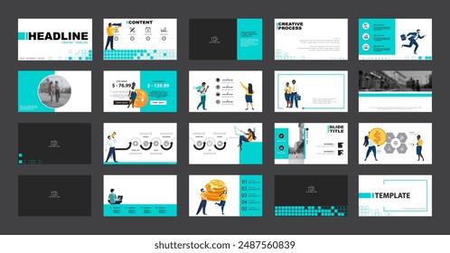 Business presentations, monetary financial circulation, buying gold coins, set, powerpoint. Infographic design template, green, black elements. Team people is creating a business. Vector illustration