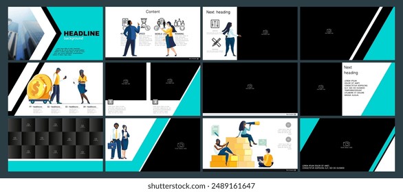 Presentaciones de negocios, circulación financiera monetaria, compra de monedas de oro, set, powerpoint. Plantilla de diseño infográfico, Elementos verdes, negros. Equipo people está creando un negocio. Ilustración vectorial