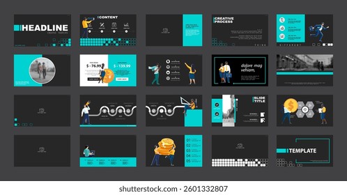 Business presentations, monetary financial circulation, buying gold coins, set, powerpoint. Infographic design template, green, black elements. Team people is creating a business. Vector illustration