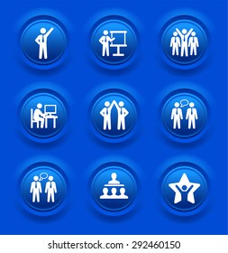 Business Presentations and Teamwork on Blue Bevel Buttons