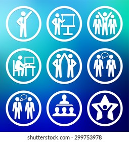 Business Presentations and Teamwork on Blue Round Buttons