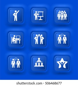 Business Presentations and Teamwork on Blue Bevel Square Buttons