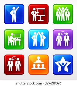Business Presentations and Teamwork on Color Square Buttons