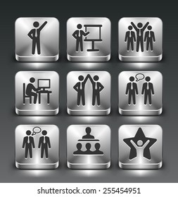 Business Presentations and Teamwork on Silver Square Buttons