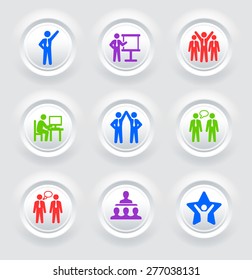 Business Presentations and Teamwork on White Bevel Round Buttons
