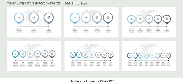 Business presentations. Timeline infographics with 3, 4, 5, 6, 7, 8 steps, options, arrows. Vector template.