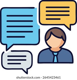Ícone do Apresentador Comercial Falando com Vários Balões de Fala para Comunicação