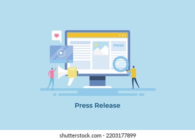 Business Press Release, Short News Story, People Sharing Press Release On Internet - Flat Design Vector Illustration Background