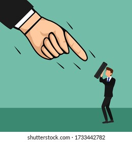 Business pressure vector concept: big hand attempting to strike the little businessman with its index finger 