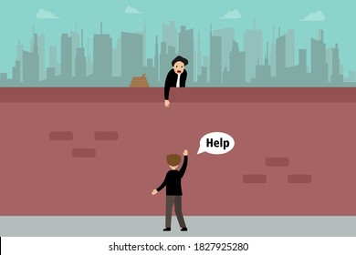 Business pretending vector concept: Cheating businessman pretending to help friend by held out hands while there is a hidden rope