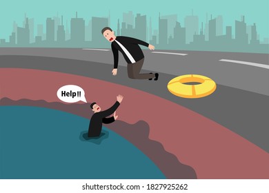 Business pretending vector concept: Liar businessman pretending to help friend by held out hands while there is a hidden buoy