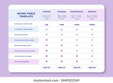 Business price chart template, Web banner checklist template design. Design a price list comparison table.	