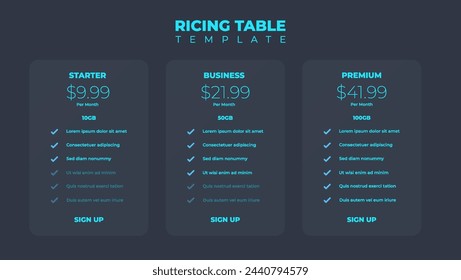 Business price chart template, Web banner checklist template design. Design a price list comparison table.	